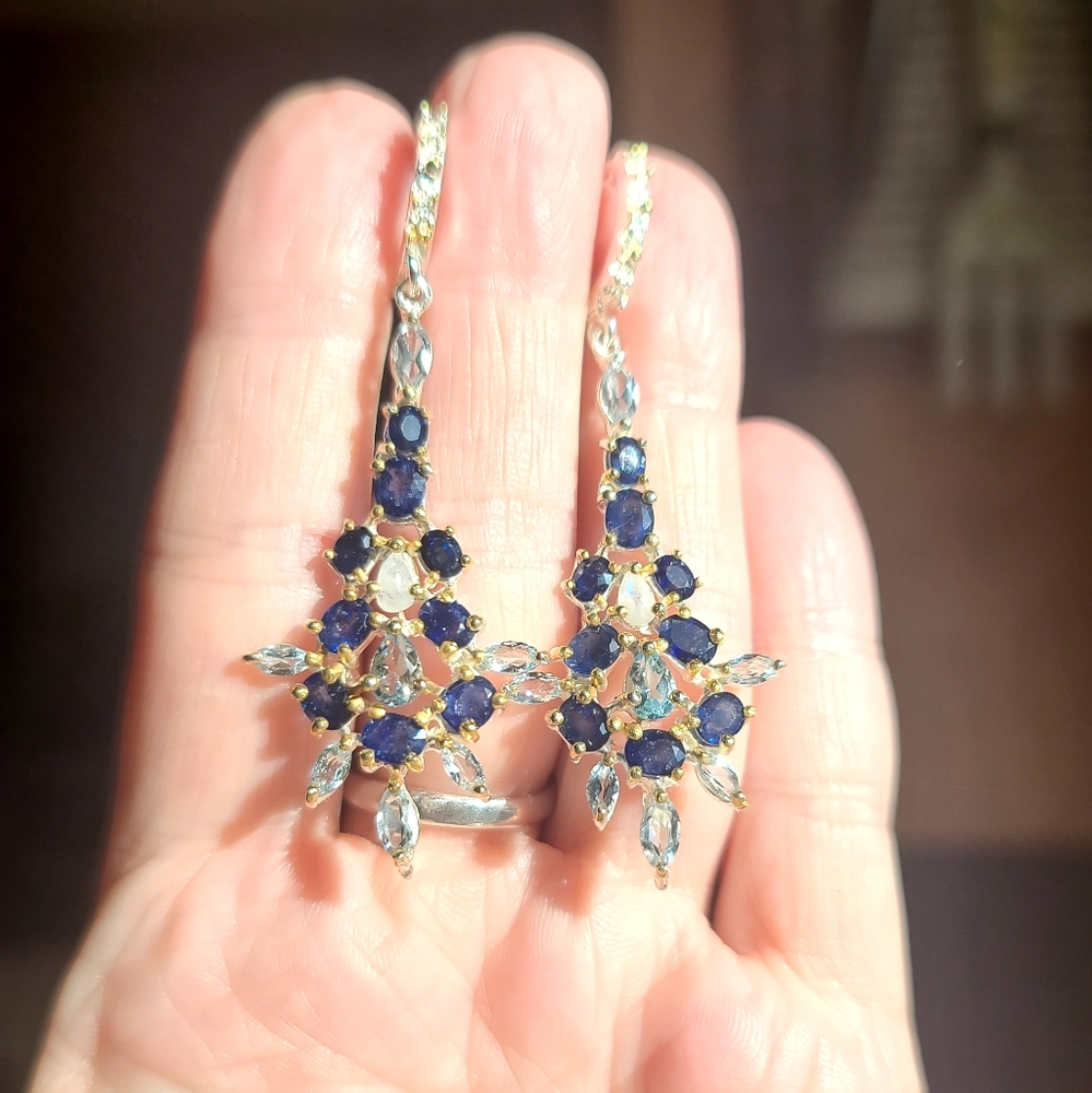Sapphire Topaz & Moonstone ornate sterling & gold earrings - Picture 4 of 8